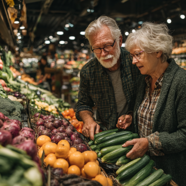 Boldog idősebb pár egészséges ételt készít
