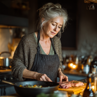 Egészséges idős pár mosolyog a konyhában